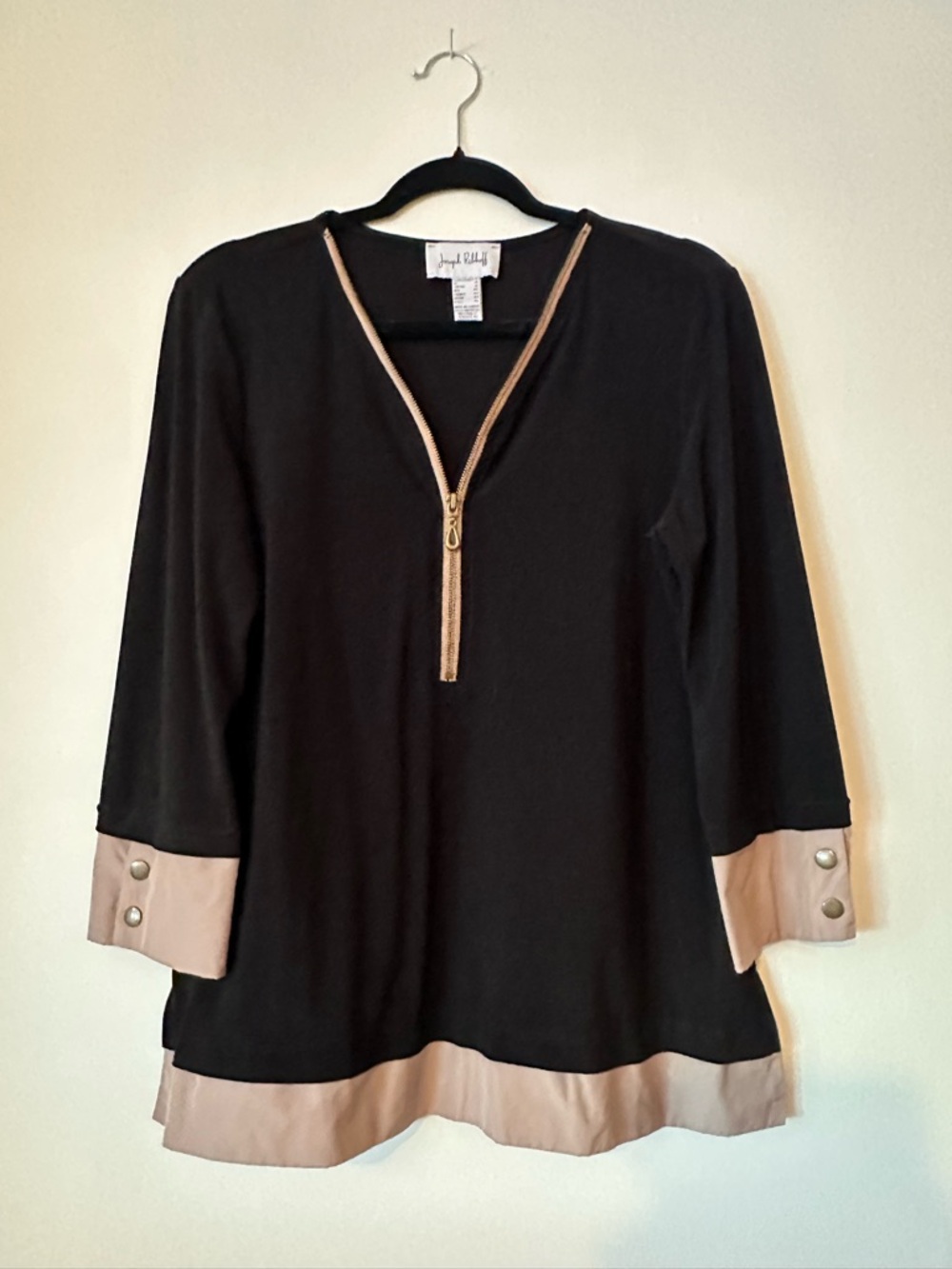 Joseph Ribkoff Black Tunic with Beige Trim and Gold Zip